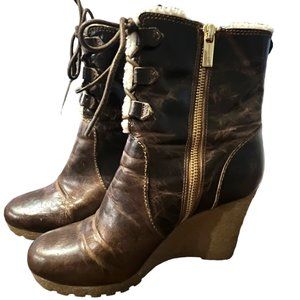 Michael Kors Rory Wedge Lace-Up Ankle Boots Leather Shearling Distressed Size 7.